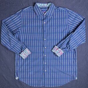 Robert Graham Mens 1XLT Blue Striped Long Sleeve Button Down Shirt Paisley Cuffs